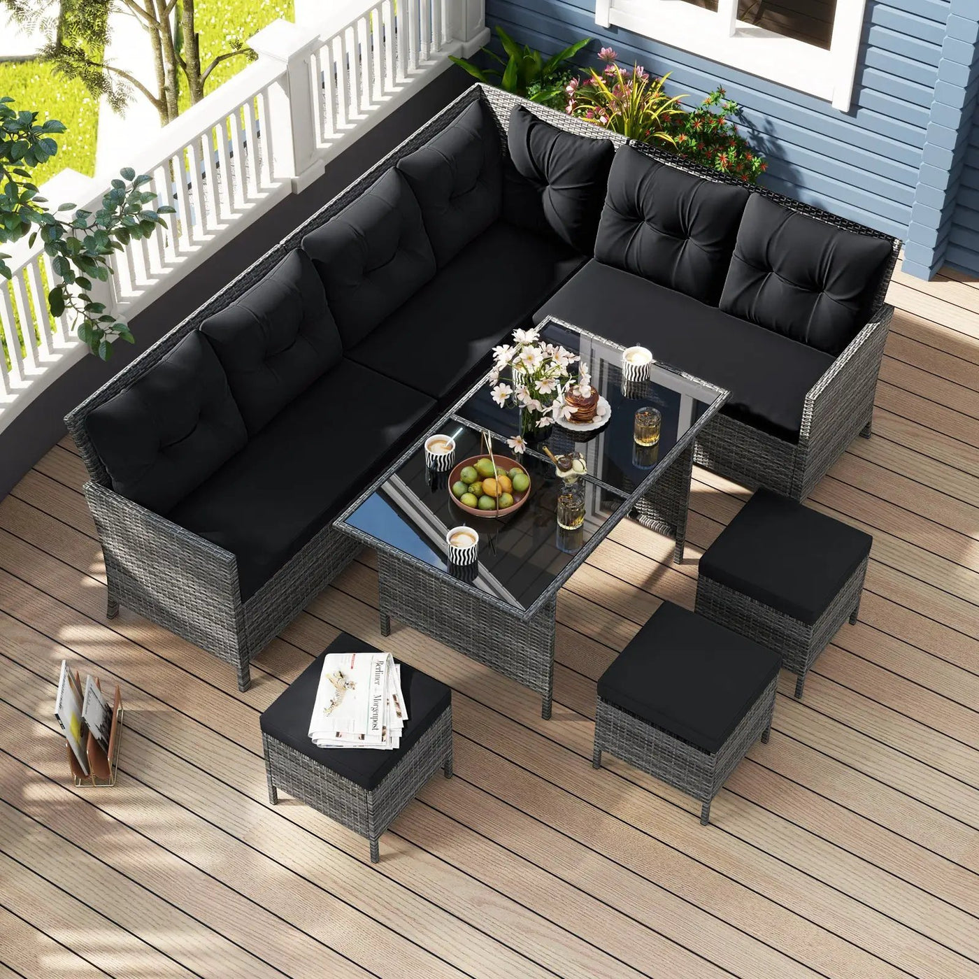 7 Pieces Patio Dining Furniture Set with Soft Cushions and Ottomans by DirectDeals