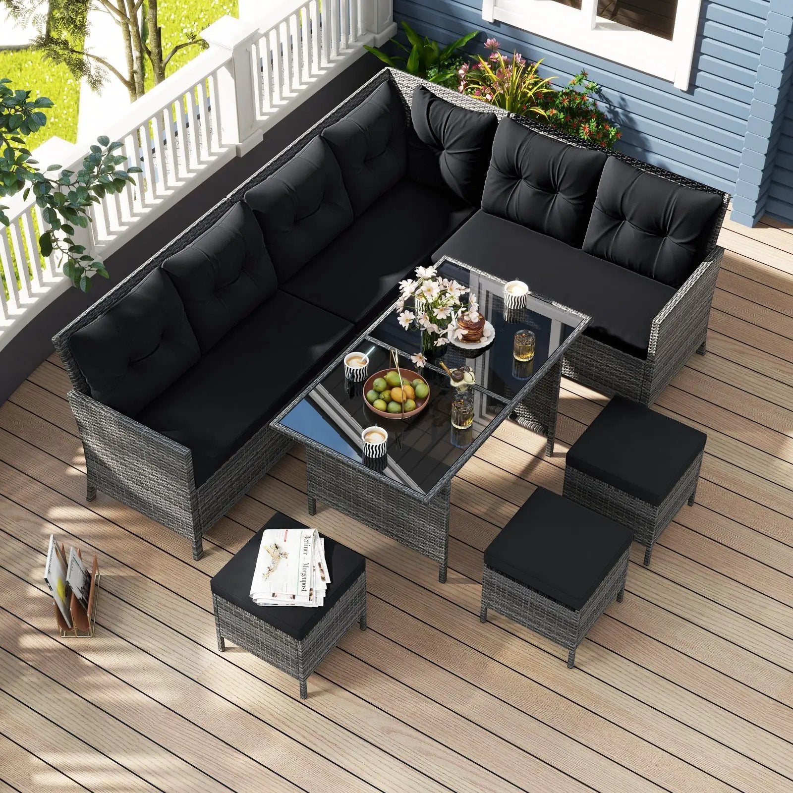 7 Pieces Patio Dining Furniture Set with Soft Cushions and Ottomans by DirectDeals
