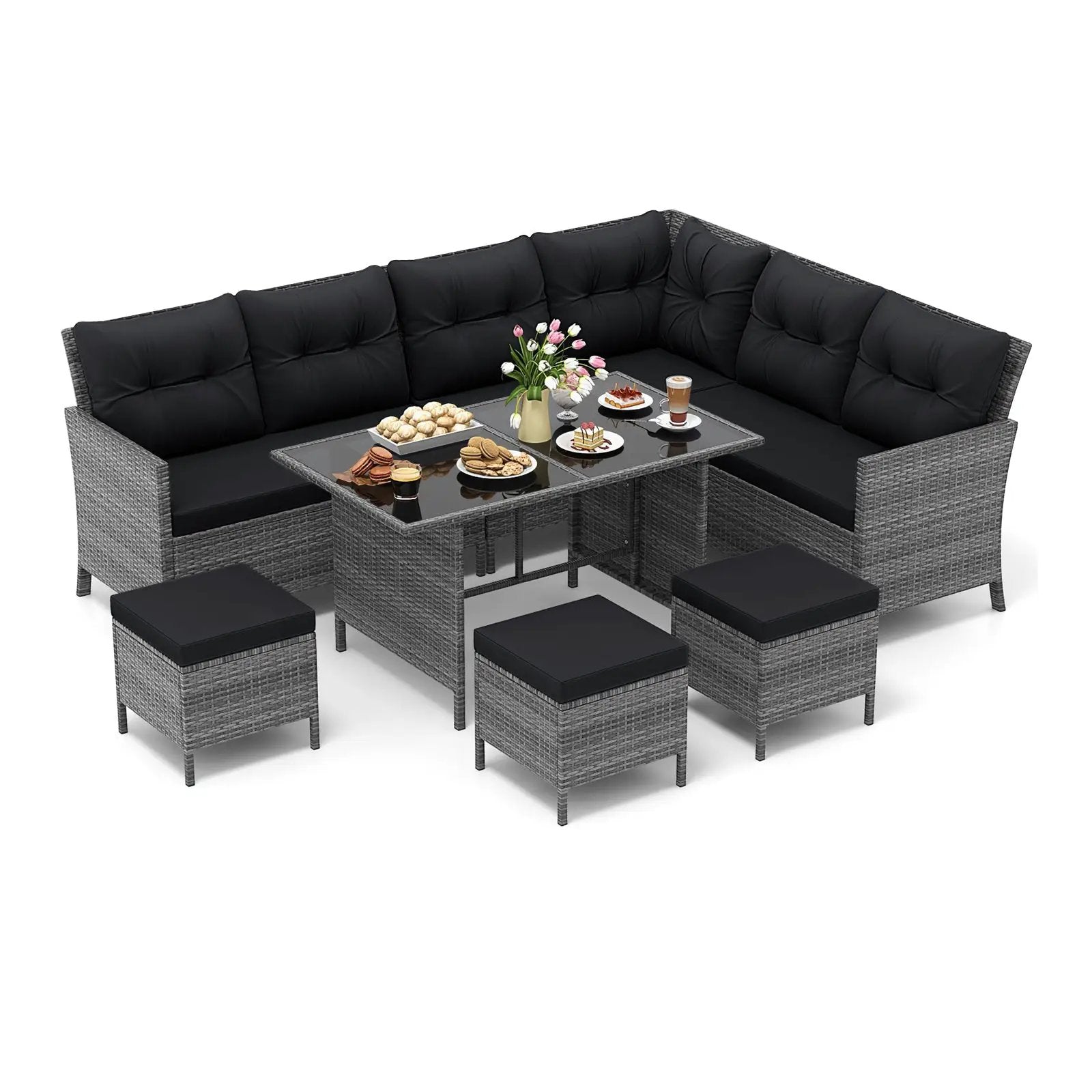 7 Pieces Patio Dining Furniture Set with Soft Cushions and Ottomans by DirectDeals