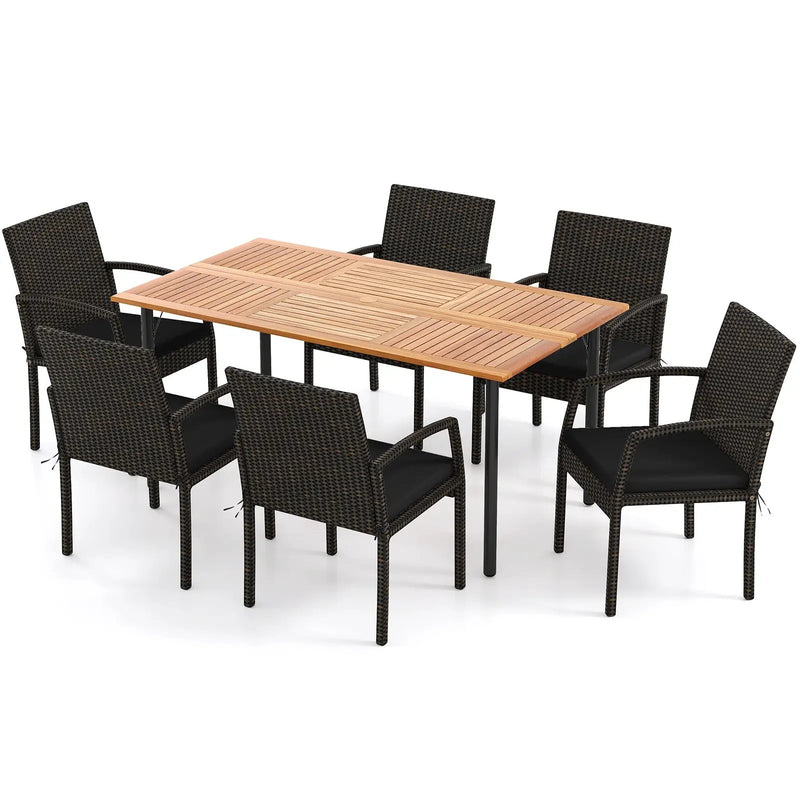 7 Pieces Outdoor Dining Set Acacia Wood Table with Umbrella Hole and Cushions by DirectDeals
