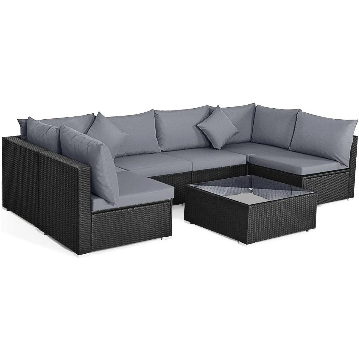 7 Pieces Sectional Wicker Furniture Sofa Set with Tempered Glass Top-Red by DirectDeals