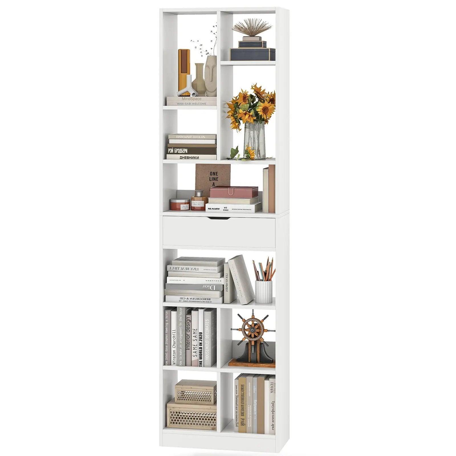 7-tier Bookshelf with Drawer 180cm Floor Standing Display Rack Storage Shelf-White by DirectDeals