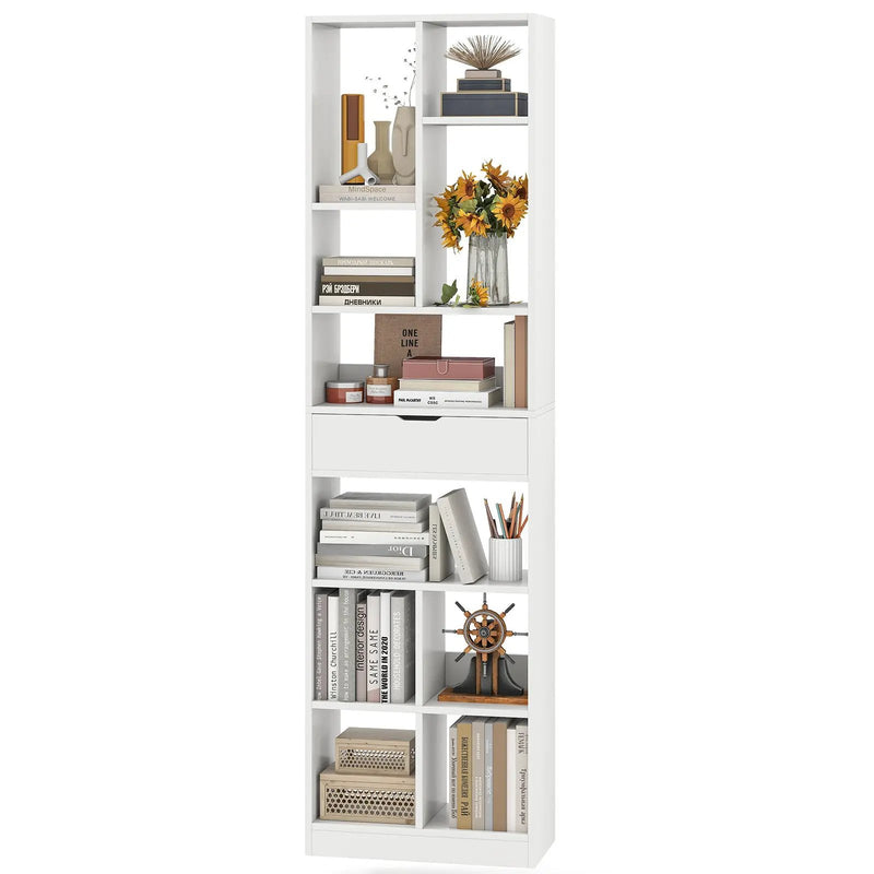 7-tier Bookshelf with Drawer 180cm Floor Standing Display Rack Storage Shelf-White by DirectDeals