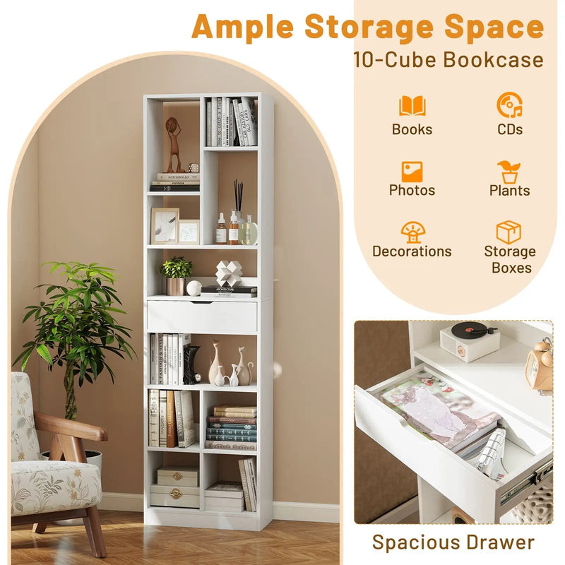 7-tier Bookshelf with Drawer 180cm Floor Standing Display Rack Storage Shelf-White by DirectDeals