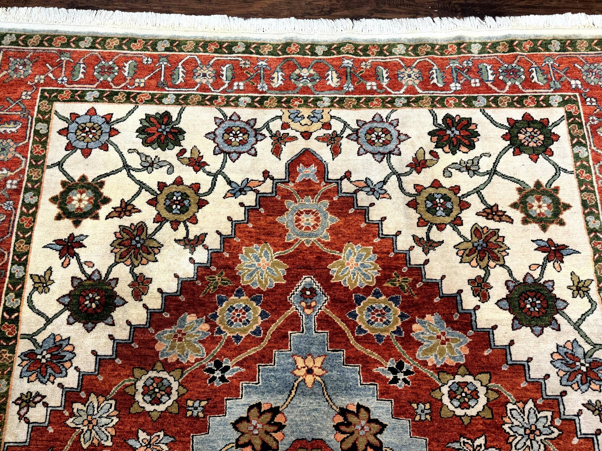 Indo Persian Heriz Rug 7x9, Geometric Pattern, Cream & Light Red, Handmade Vintage Wool Carpet by Jewel Rugs