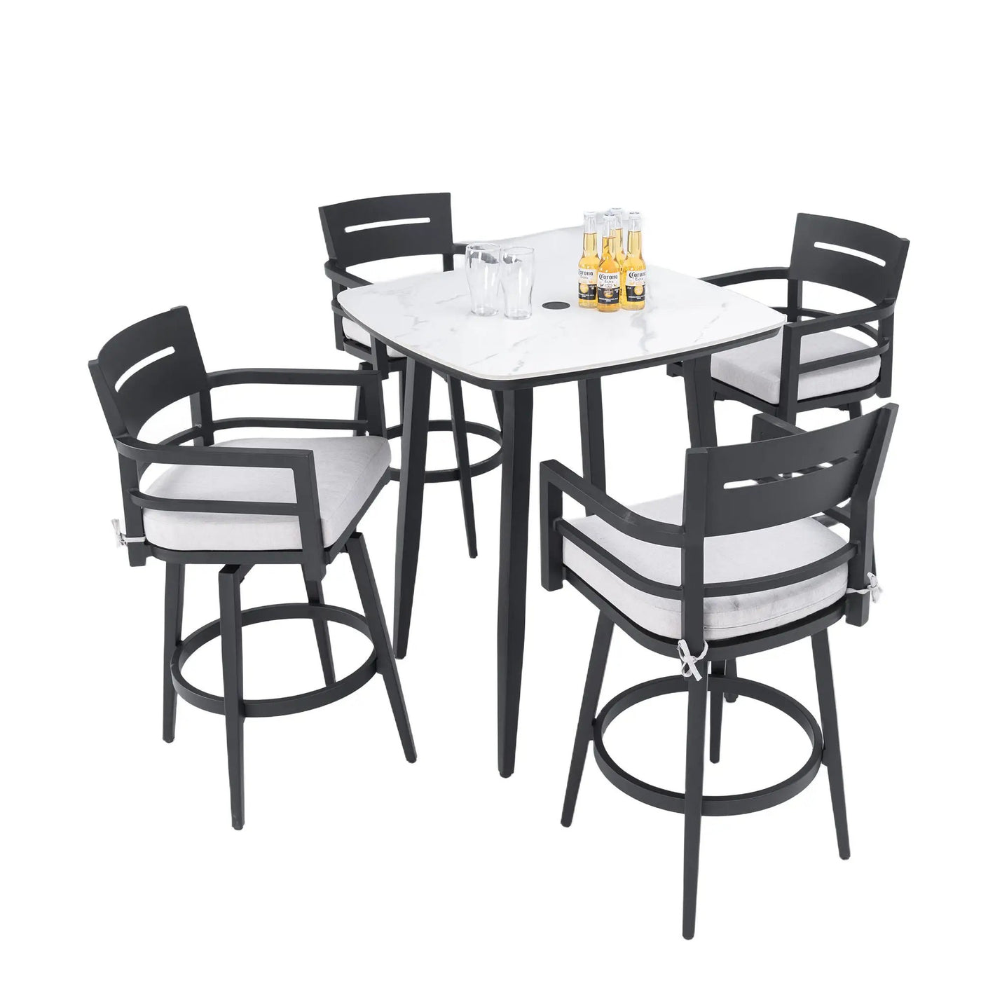 Modern Outdoor Patio Bar Set, Rounded Square Table & Bar Chairs, Non Rust Frame, Tapered Legs, Sunbrella Cushion by HouseOfZazla