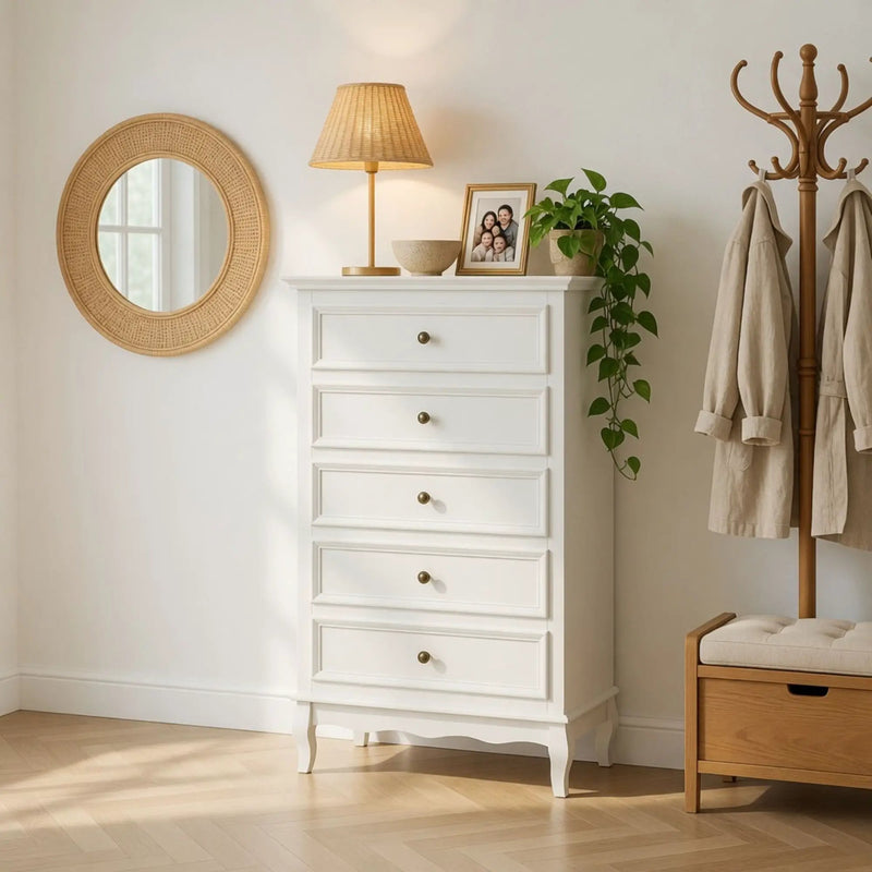 5 Drawer Tall Wide Chest Of Drawers - White by HouseOfZazla