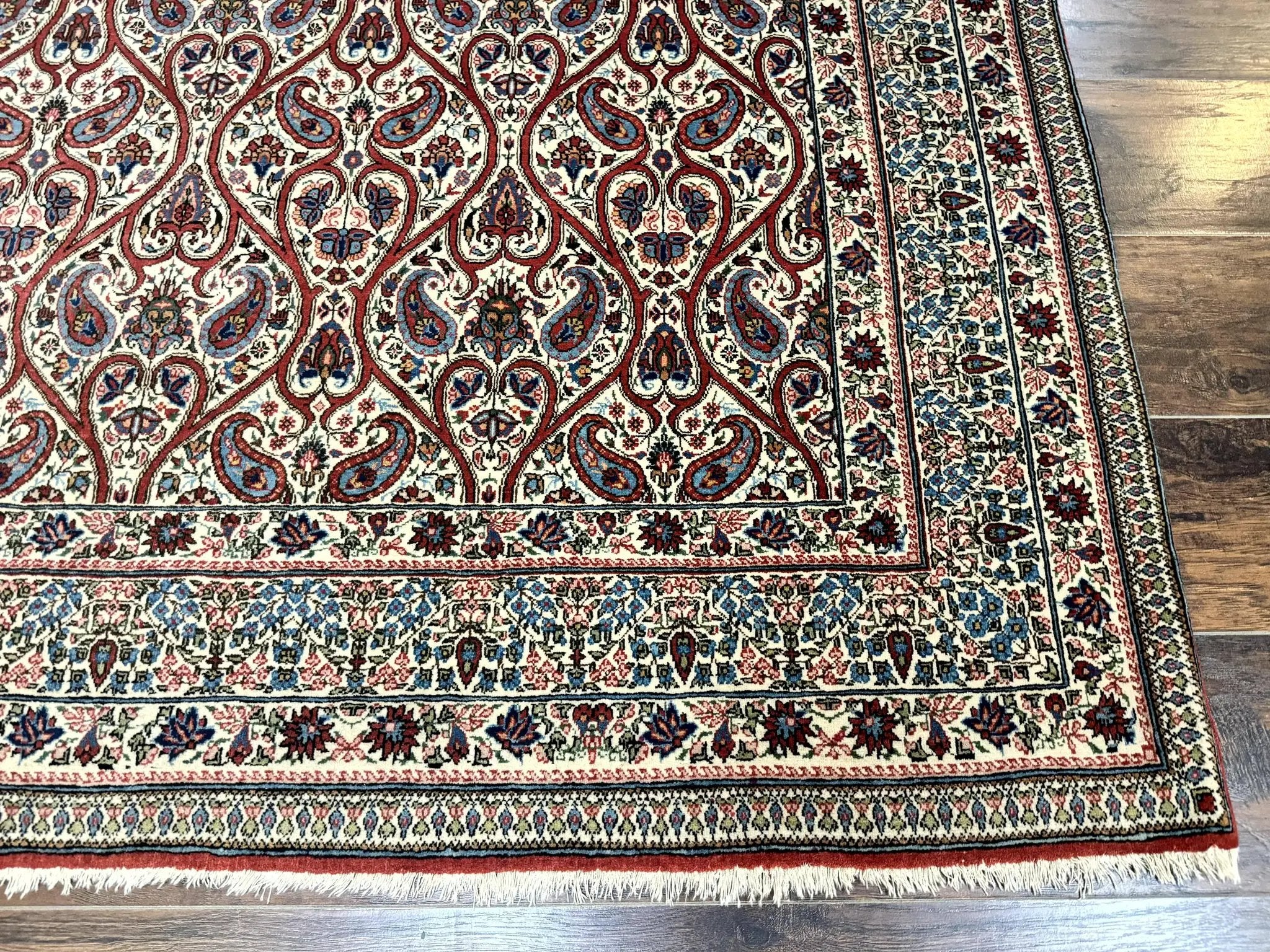 Unique Persian Qum Rug 5x7, Repeated Paisely Boteh Design, Ivory Red Blue, Handmade Antique Wool Persian Carpet, Finely Hand Knotted by Jewel Rugs