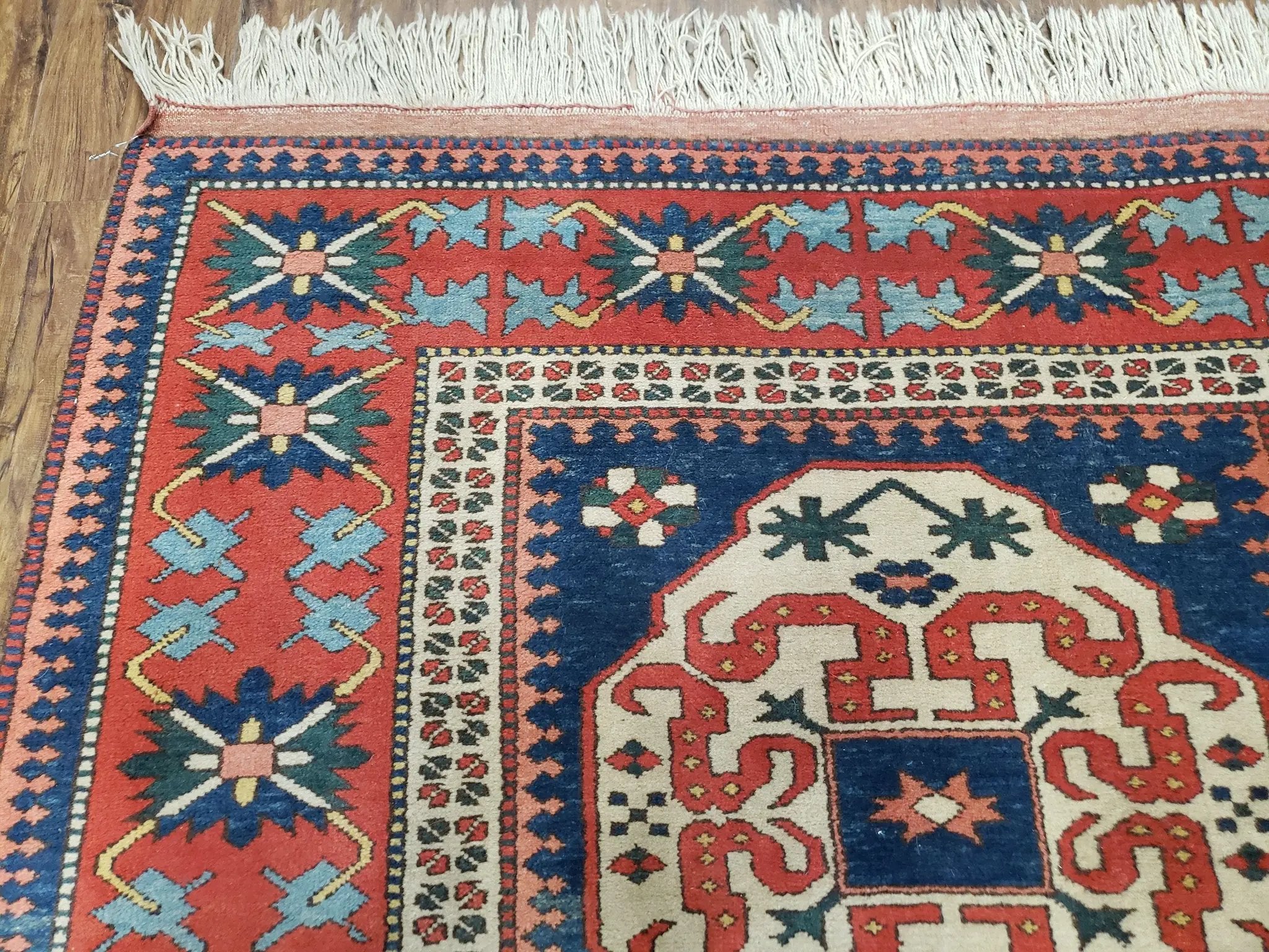 Turkish Kazak Rug 5x6 Vintage Handmade Wool Carpet Geometric Blue Red by Jewel Rugs