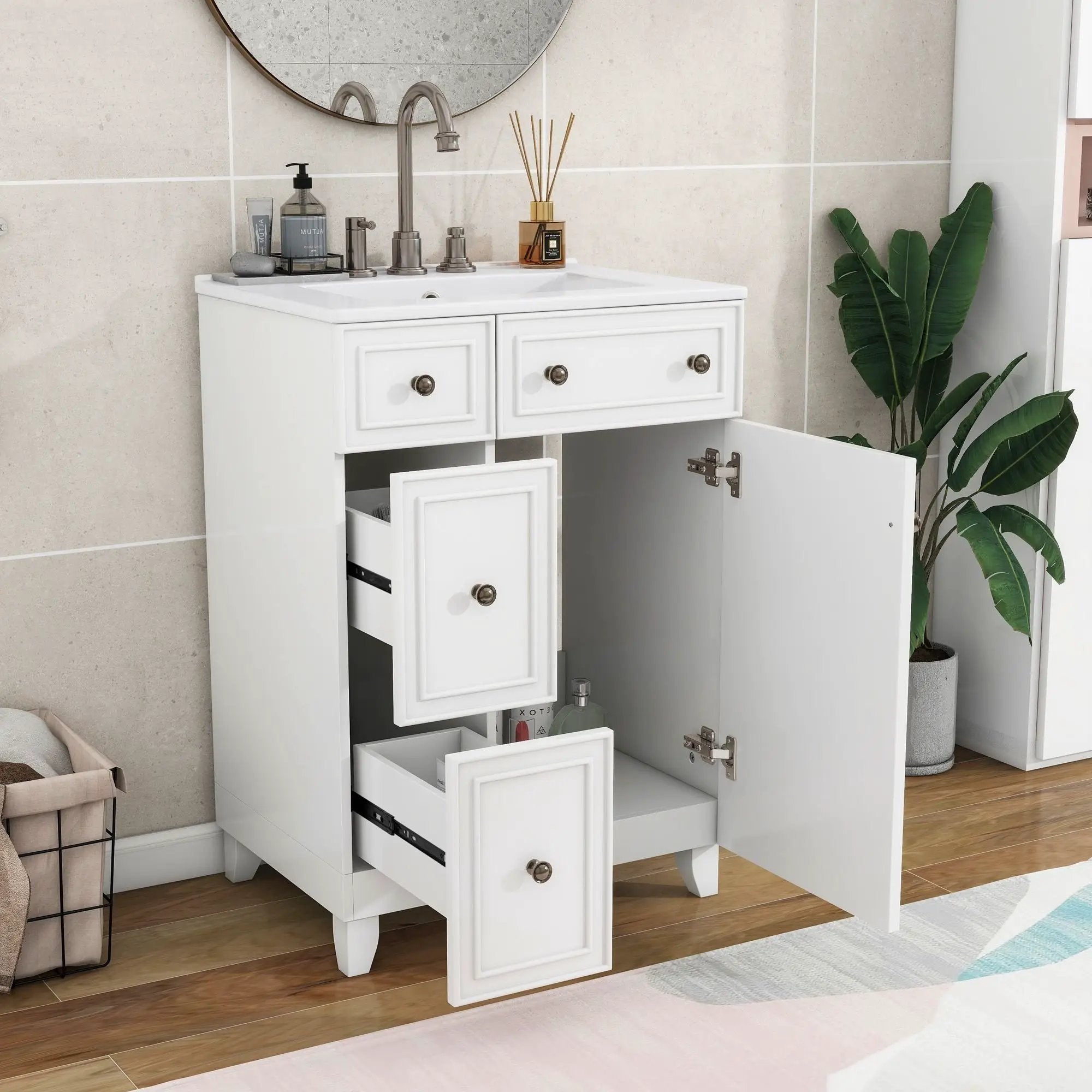 Transitional Style Bathroom Vanity Cabinet With Ceramic Sink by Unique Piece Furniture