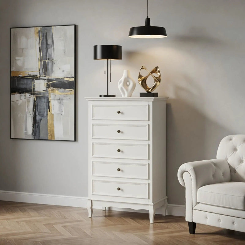 5 Drawer Tall Wide Chest Of Drawers - White by HouseOfZazla