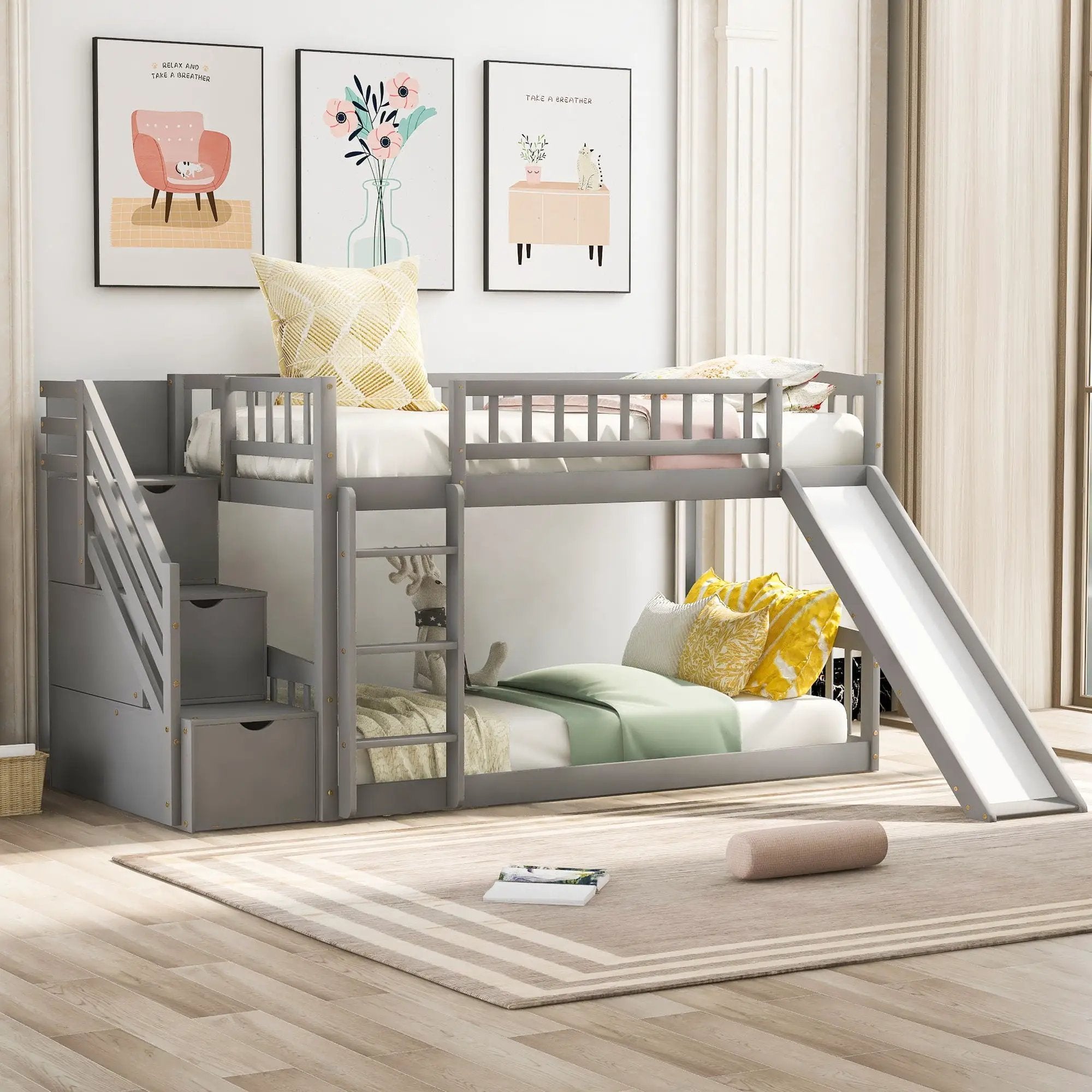 Twin Over Twin Bunk Stairway Bed With 2 Drawers And Slide - Gray by Unique Piece Furniture