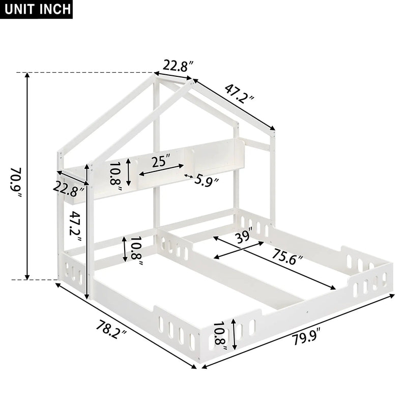Twin Size Platform Bed With Shared Design, Guardrails, And Built In Shelves - Creamy White by Unique Piece Furniture