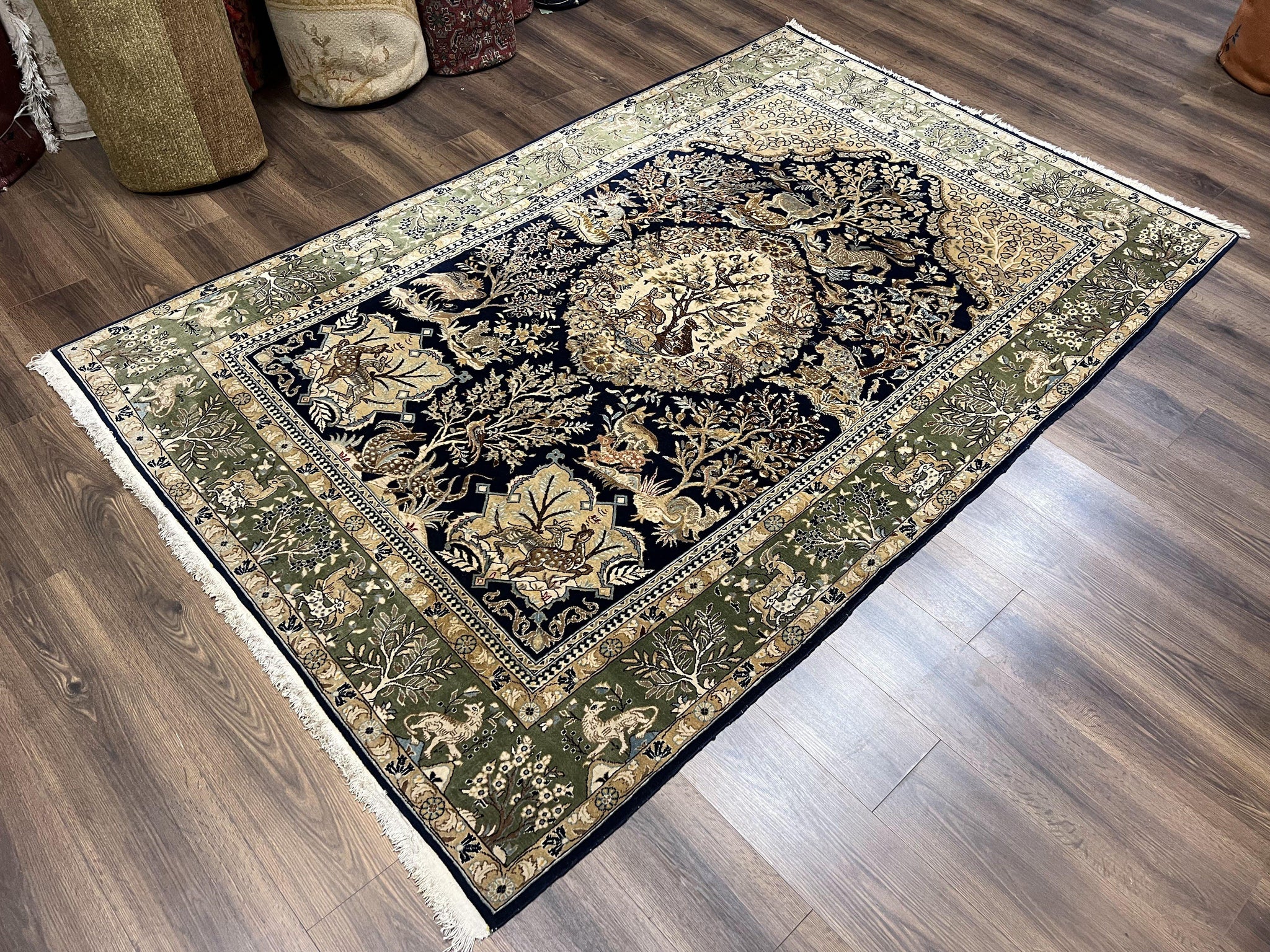 Wonderful Persian Qum Rug 6x9, Animal Pictorials, Tree of Life, Deer Birds, Hand Knotted Oriental Ghom Carpet, Semi Antique Vintage, Navy Blue Green by Jewel Rugs