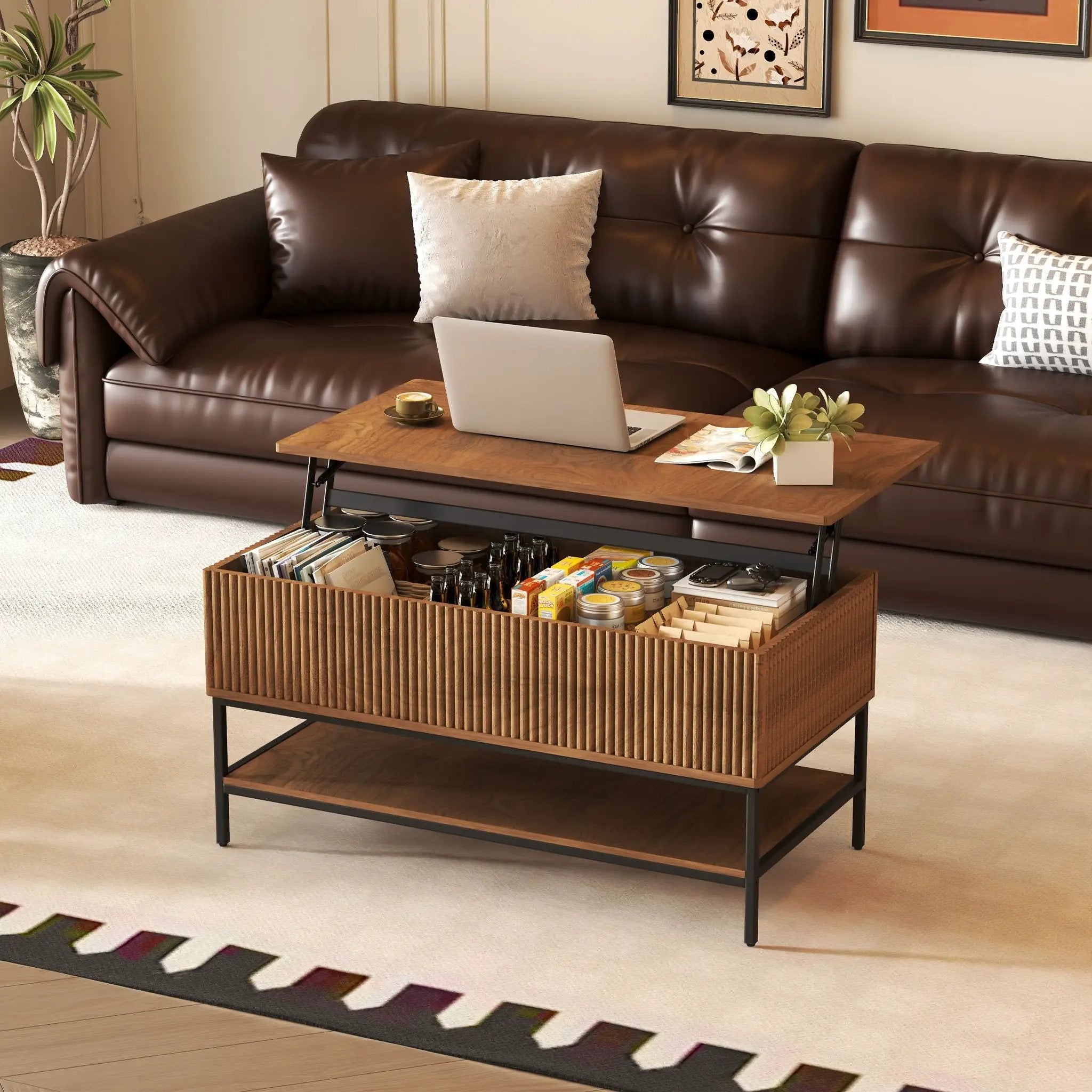 Rectangle Lift Top Coffee Table With Hidden Storage And Lower Shelf - Brown by Unique Piece Furniture