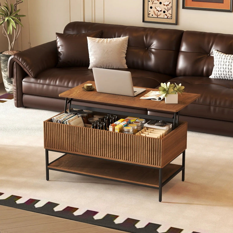 Rectangle Lift Top Coffee Table With Hidden Storage And Lower Shelf - Brown by Unique Piece Furniture