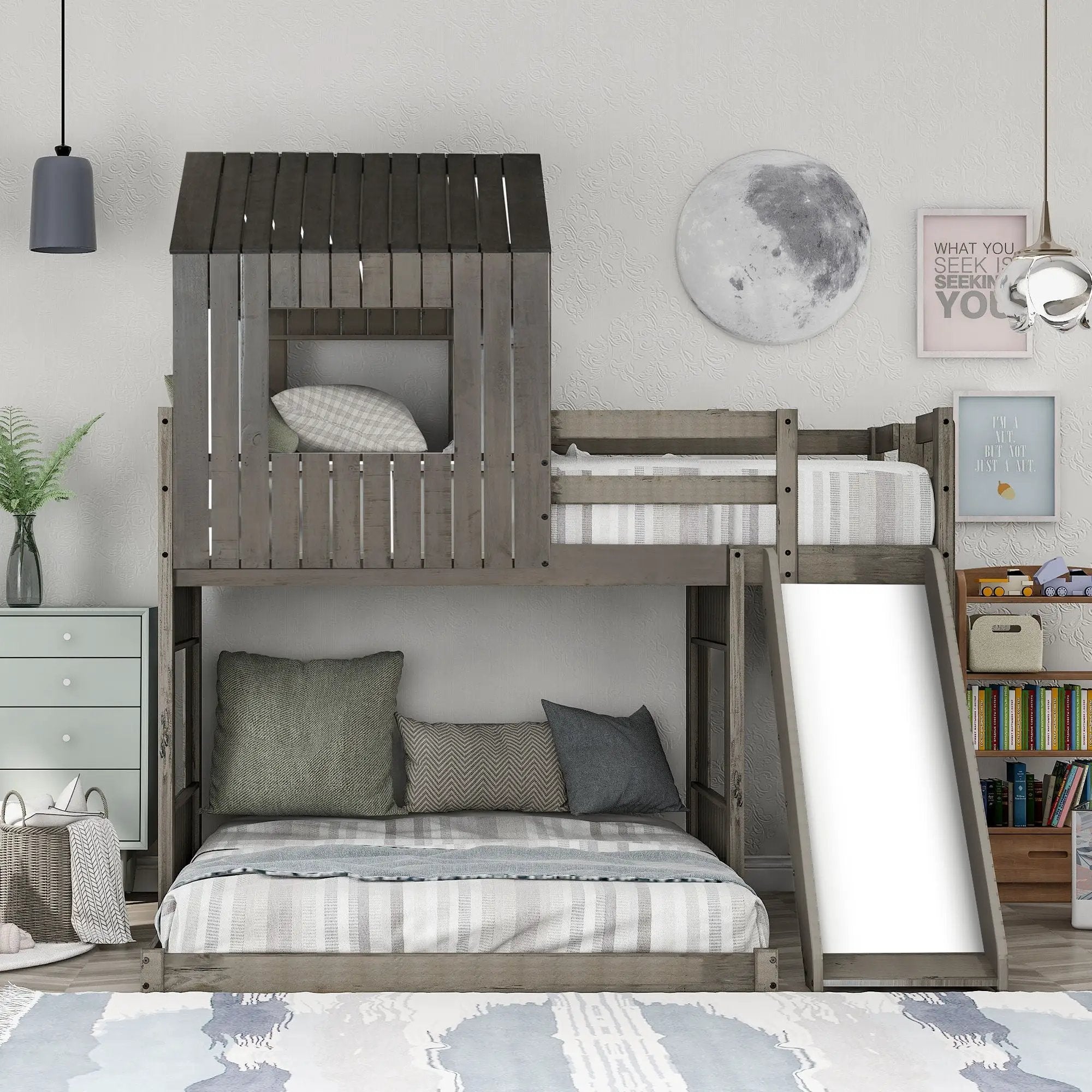 Loft Bunk Bed With Playhouse, Farmhouse, Ladder, Slide And Guardrails by Unique Piece Furniture