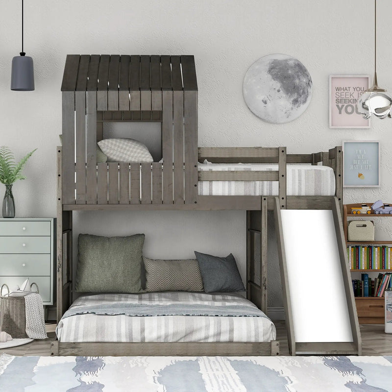 Loft Bunk Bed With Playhouse, Farmhouse, Ladder, Slide And Guardrails by Unique Piece Furniture