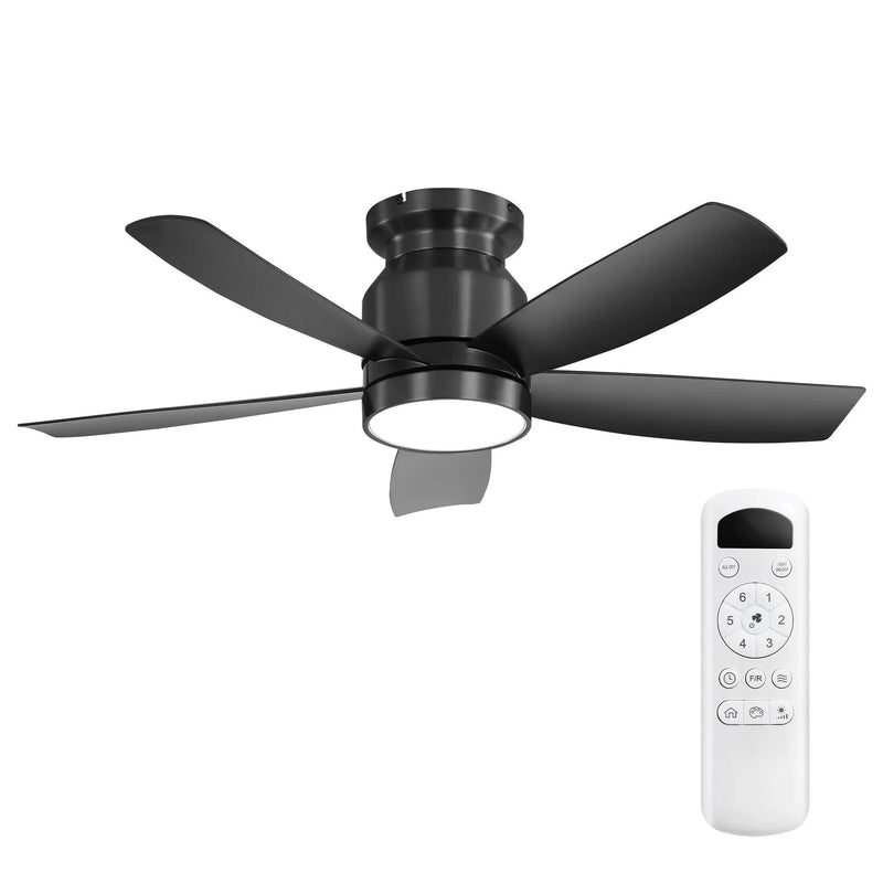 Flush Mount Ceiling Fan With 18W LED Light And Remote Control Blades - Black by Unique Piece Furniture