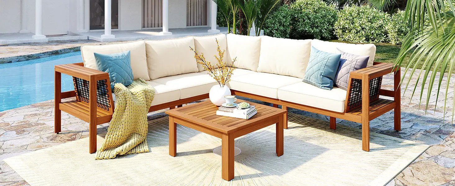 GO 4 Pieces Outdoor Acacia Wood Sofa Set with Coffee Table by HouseOfZazla