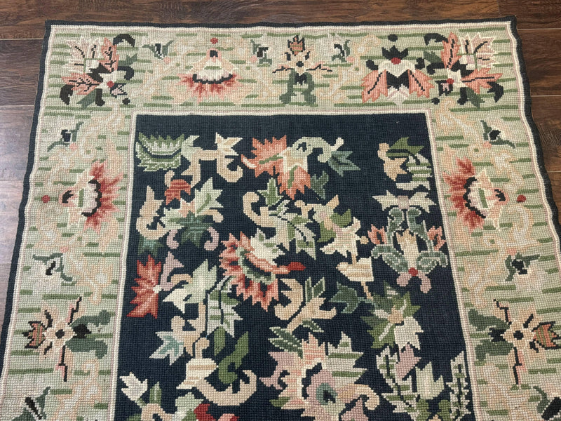 Vintage American Needlepoint Rug 4x6, Dark Green, Wool, Handmade, Flatweave Carpet by Jewel Rugs