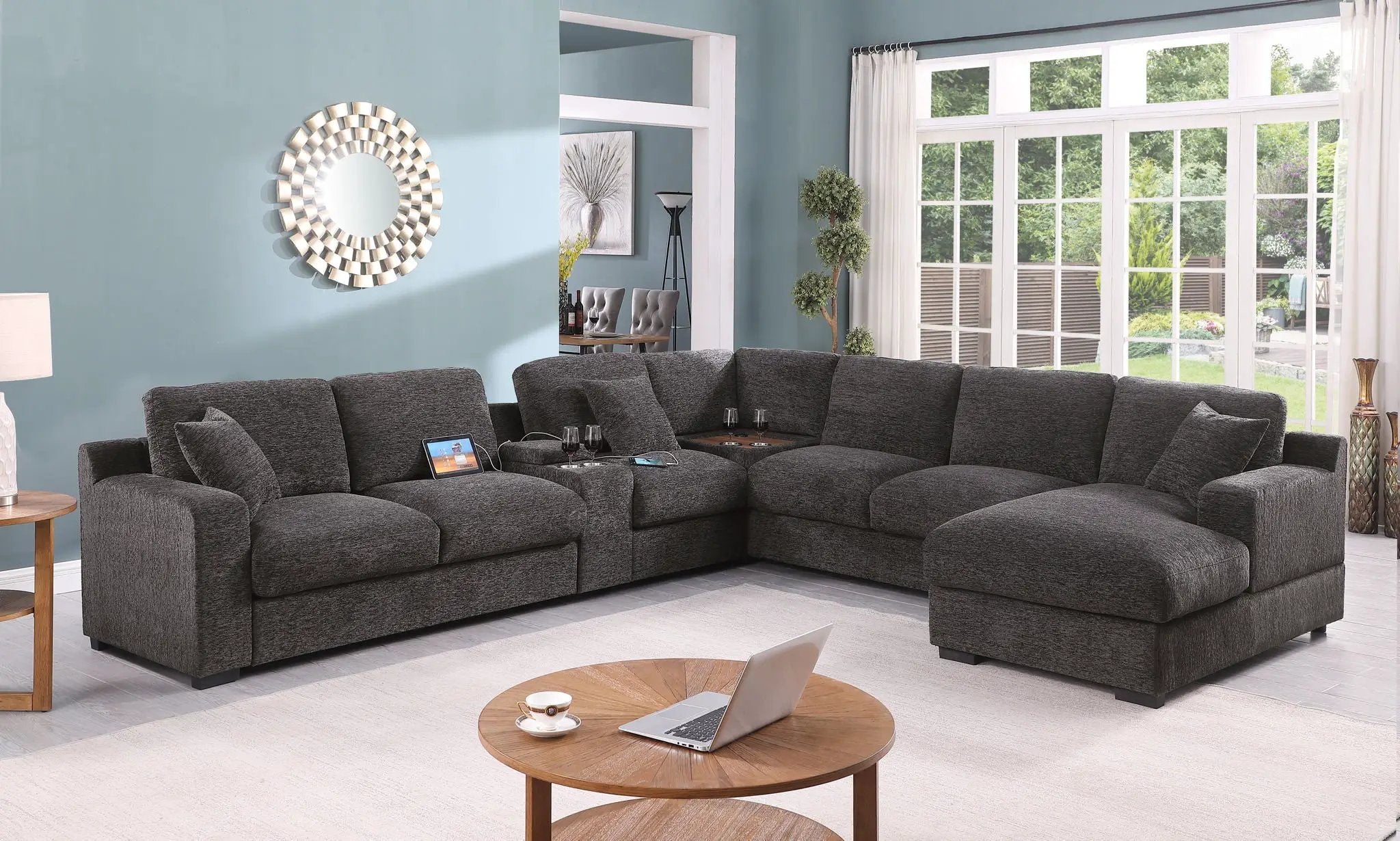 Celine - Corner Sectional Sofa With Right Facing Chaise, Cupholders, And Charging Ports - Gray by Unique Piece Furniture