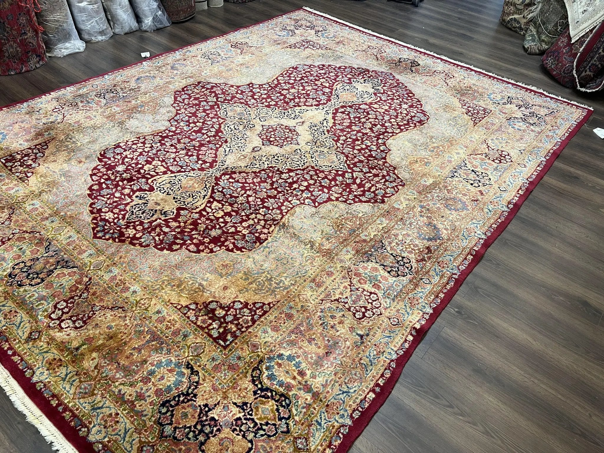 Persian Rug 9x12, Kirman DeLuxe, Millefleur Floral Medallion Carpet, Maroon Light Blue Beige, Semi Antique Authentic Hand Knotted Wool Rug by Jewel Rugs