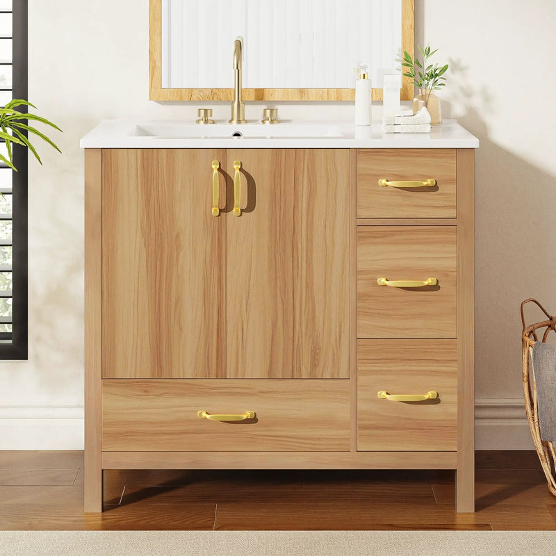 36" Bathroom Vanity, 2 Soft Close Doors, 4 Soft Close Drawers, Adjustable Shelf, Storage Cabinet - Acacia Wood by HouseOfZazla