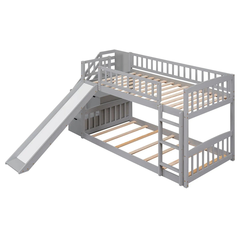 Twin Over Twin Bunk Stairway Bed With 2 Drawers And Slide - Gray by Unique Piece Furniture