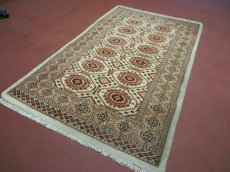 4' X 7' Vintage Handmade Pakistani Turkoman Bokhara Balouch Woven Wool Rug Ivory by Jewel Rugs