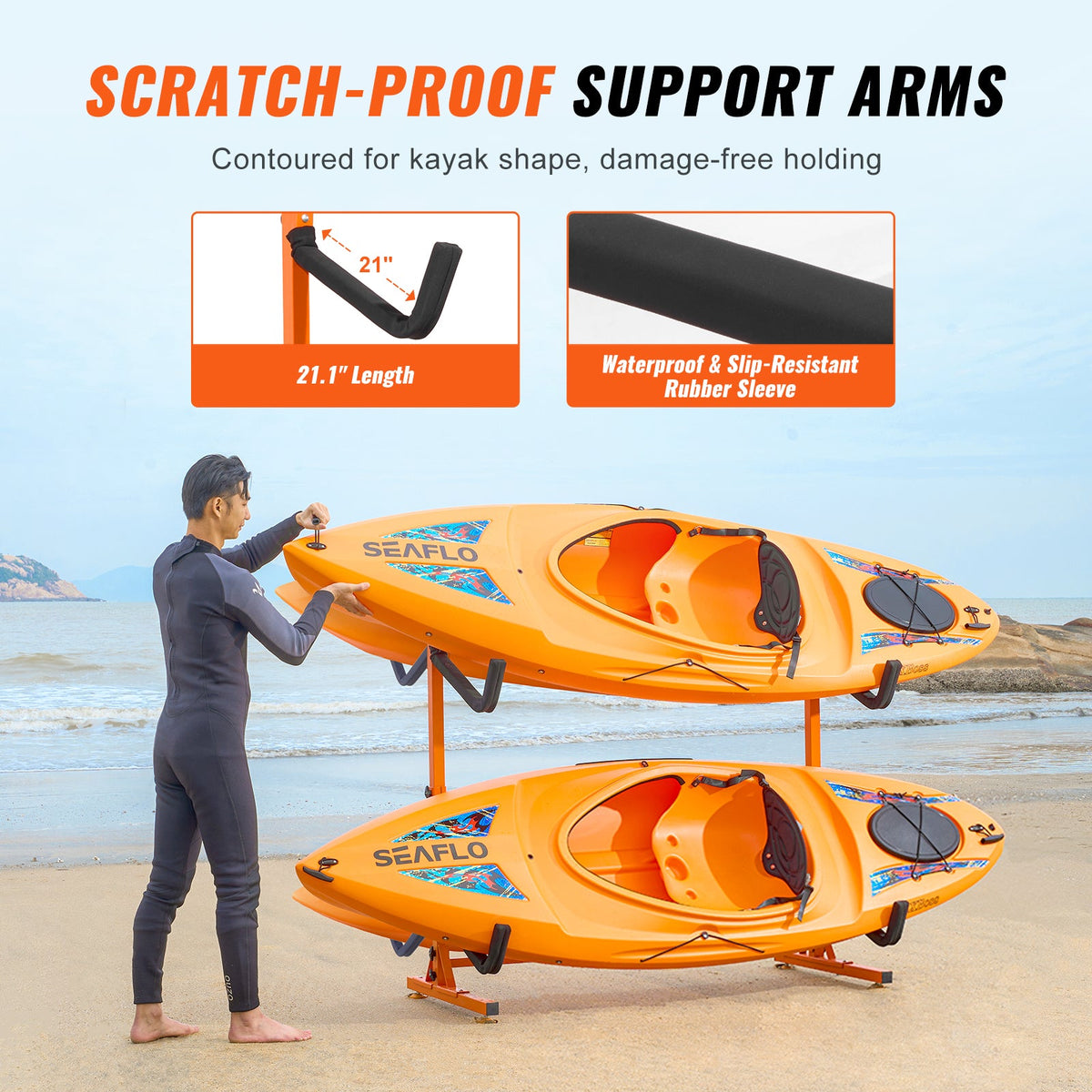 Freestanding Kayak Storage Rack with Adjustable Width - Orange or Natural, photo 8 of 10
