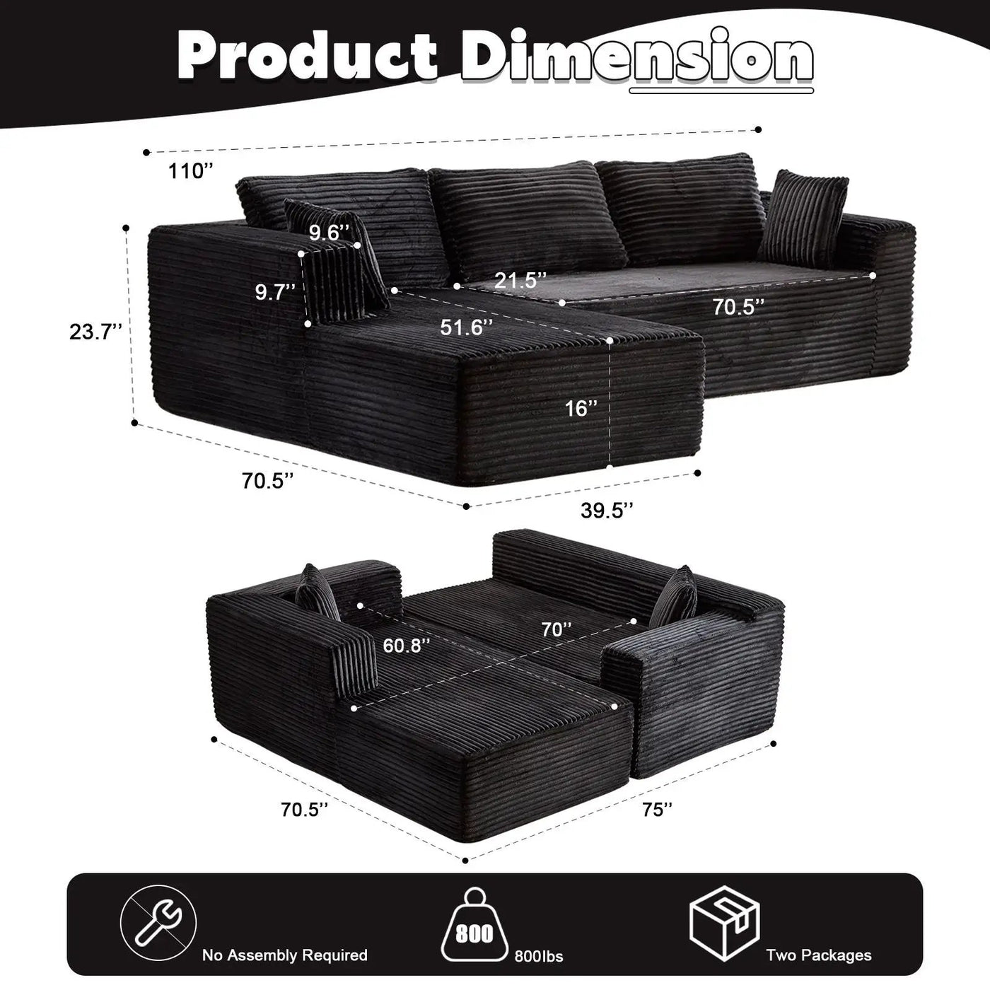 Compression Sectional Couch With Comfy Chaise, Boneless L Shape Sofa With Deep Seat by HouseOfZazla