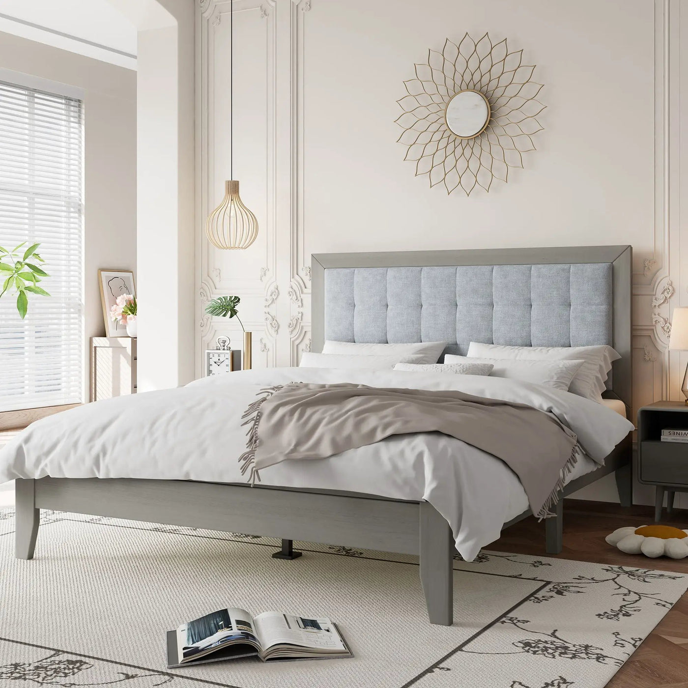 Mid Century Modern Platform Bed With Upholstered Headboard by HouseOfZazla