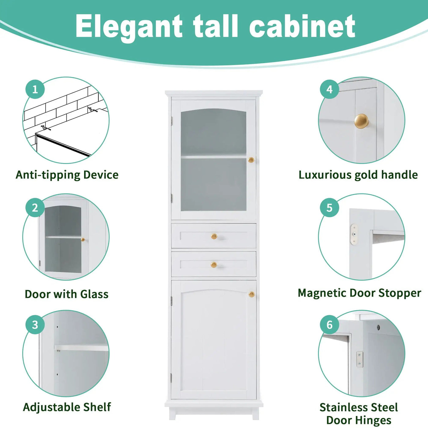 Tall Bathroom Storage Cabinet With Glass Doors, Free-Standing, Two Drawers, And Adjustable Shelves, Board, Painted Perfect For Displaying Your Favorite Items by HouseOfZazla