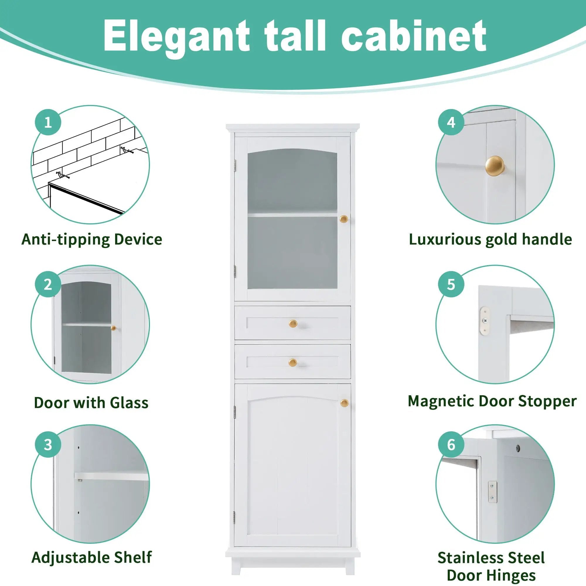 Tall Bathroom Storage Cabinet With Glass Doors, Free-Standing, Two Drawers, And Adjustable Shelves, Board, Painted Perfect For Displaying Your Favorite Items by HouseOfZazla