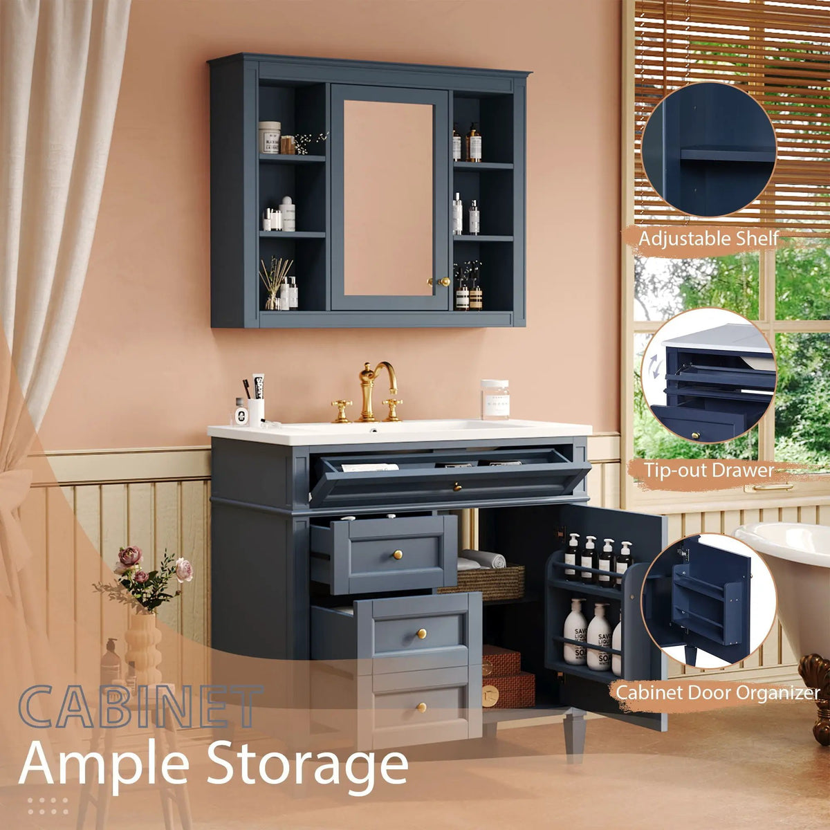 Bathroom Vanity With Mirror Cabinet, Single Sink With 2 Soft Closing Doors And 4 Drawers, photo 16 of 35