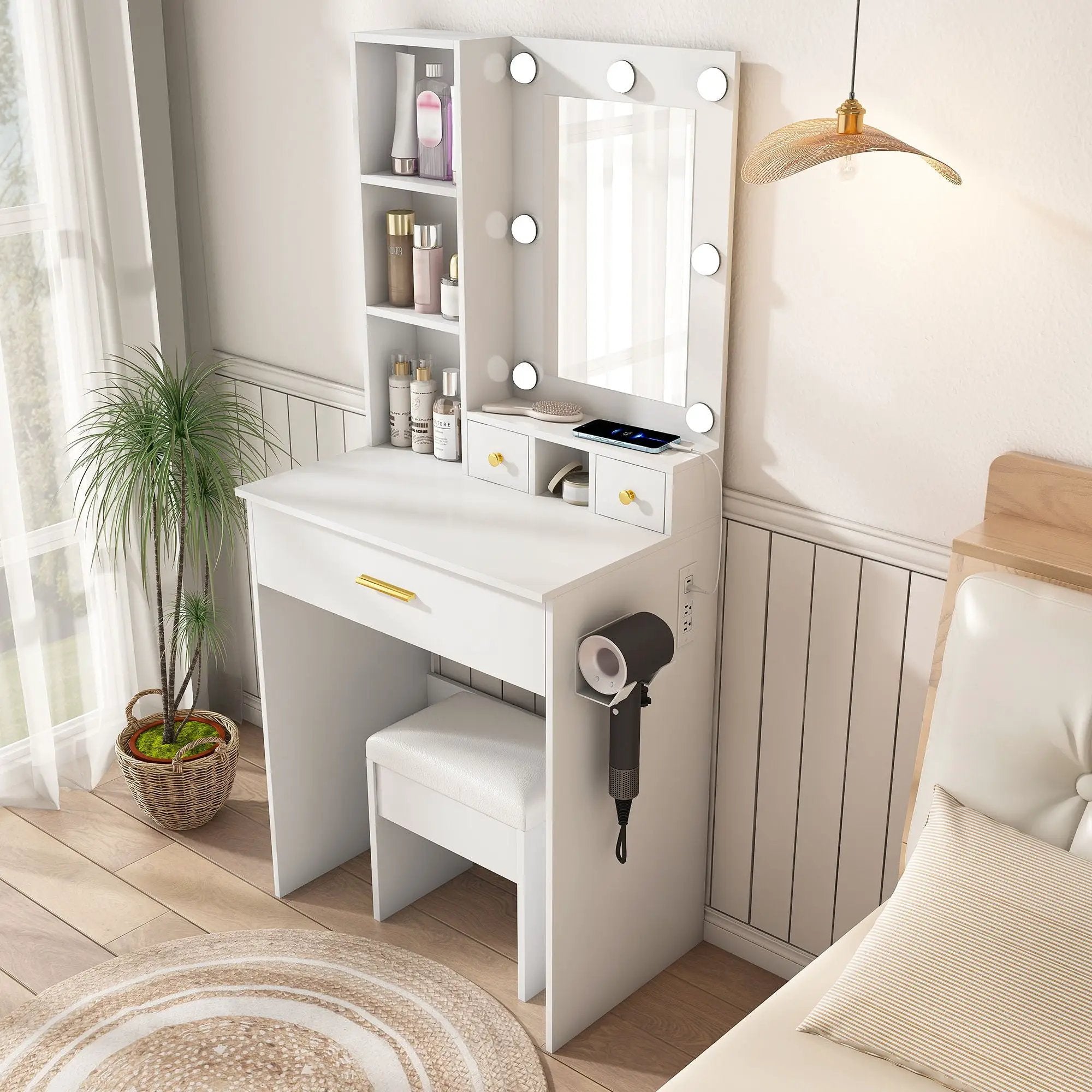 Vanity Table With Mirror, Adjustable LED Lights, Power Outlet, Hairdryer Holder & Stool by Unique Piece Furniture