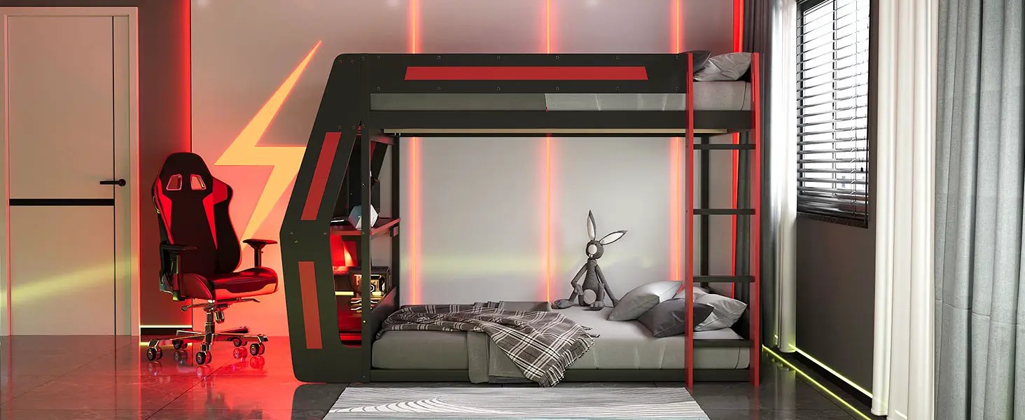 Full-Size Gaming Bunk Bed with Side-Mounted Oversized RGB Desk by HouseOfZazla