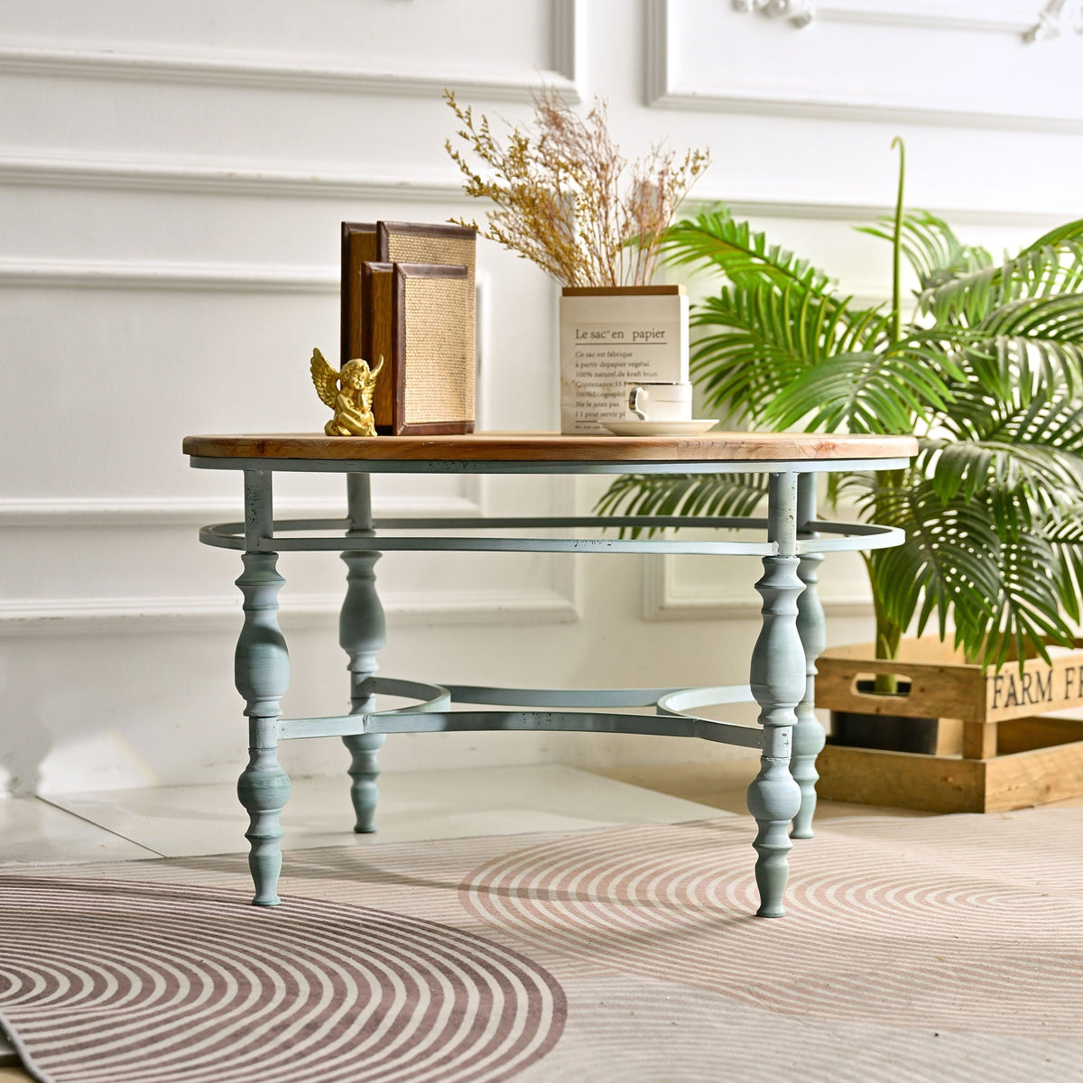 Round Top Carved Coffee Table with Metal Legs - Light Brown, photo 14 of 22
