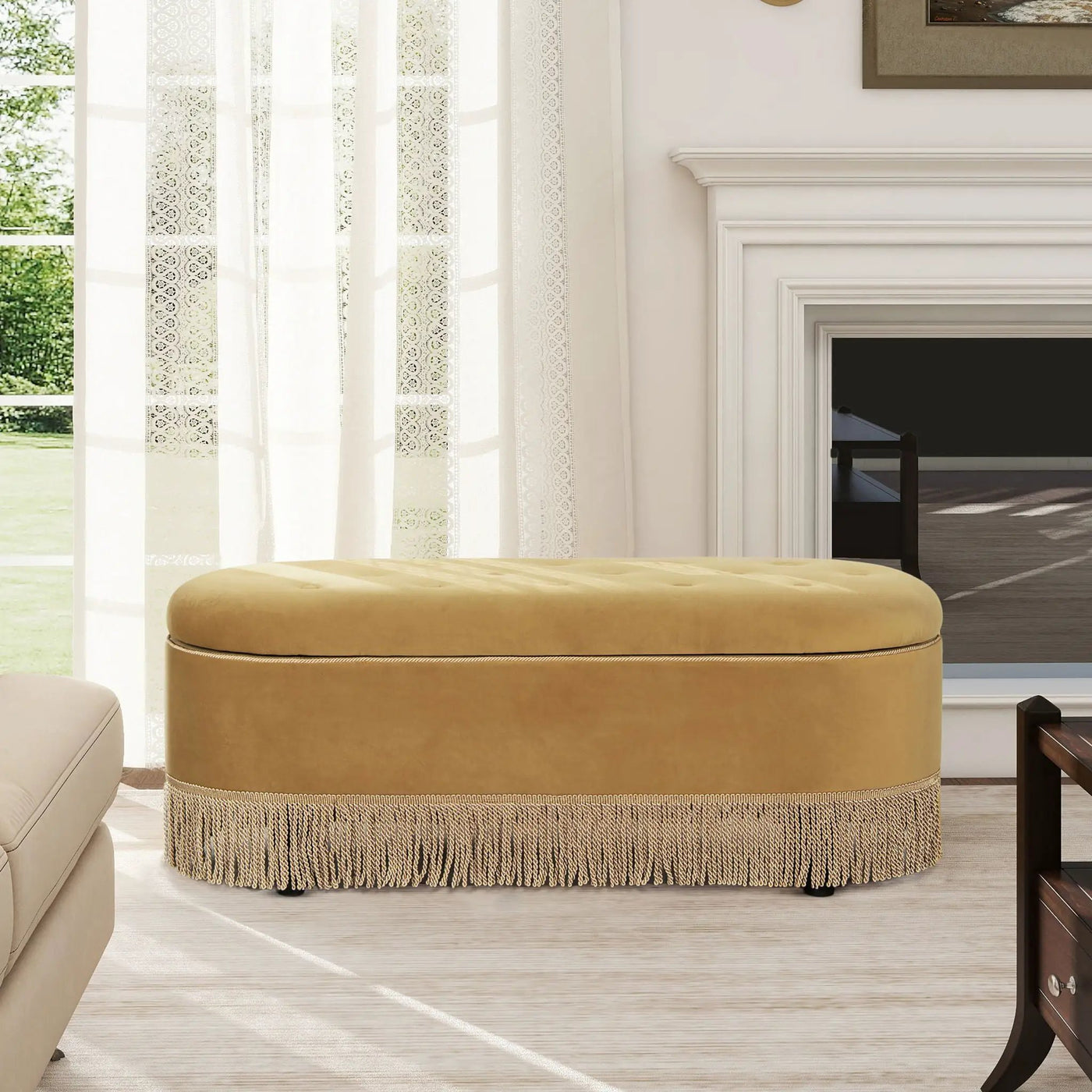 Melinda - Oval Tufted Bullion Fringe Storage Bench by HouseOfZazla
