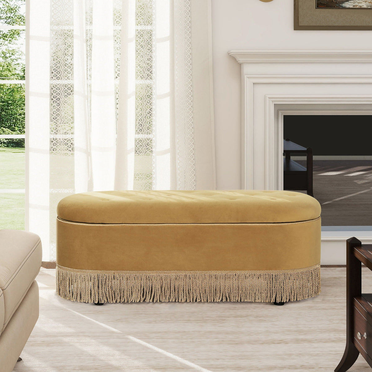 Oval Tufted Storage Bench with Bullion Fringe - Yellow, Dark Green or Orange, photo 17 of 30