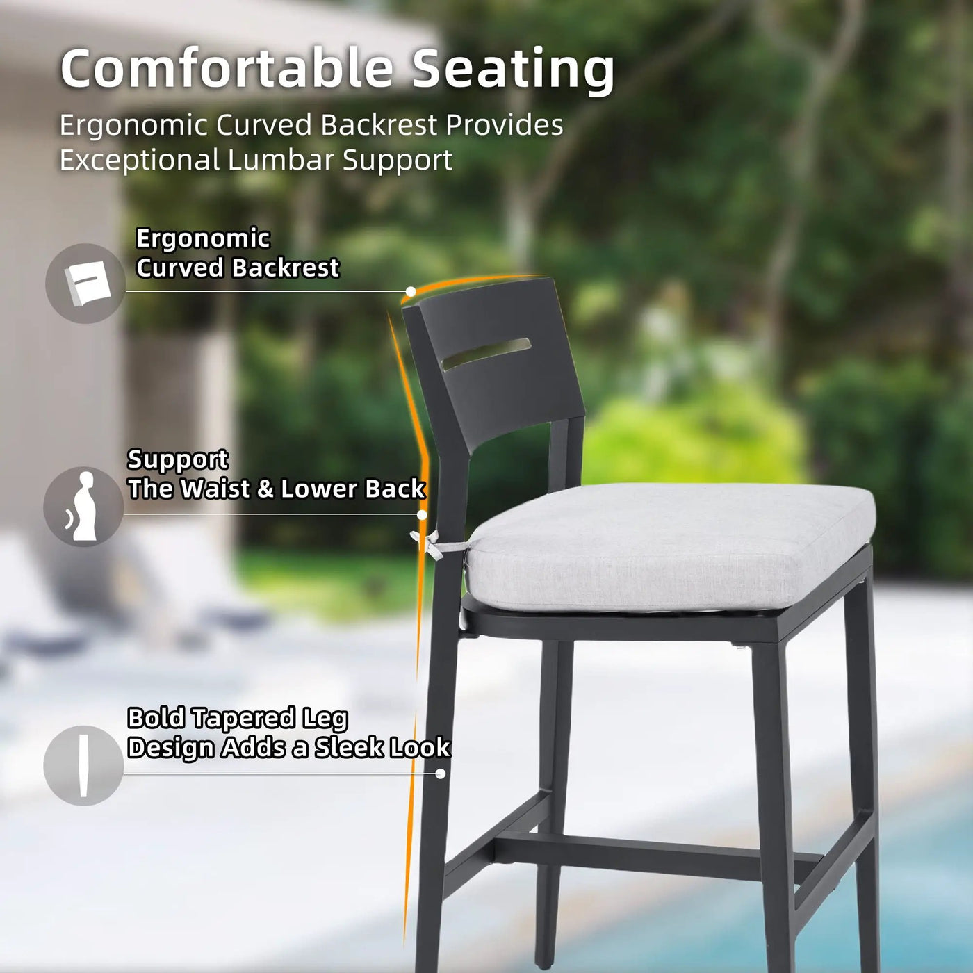 Modern Outdoor Patio Bar Set, Rounded Square Table & Bar Chairs, Non Rust Frame, Tapered Legs, Sunbrella Cushion by HouseOfZazla