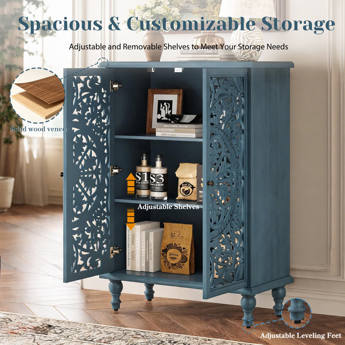 Farmhouse Accent Storage Cabinet, 2 Door Decorative Cabinet with Hollow Carved Doors, Adjustable Shelf, Freestanding Display Cabinet with Turned Legs for Entryway Living Room Dining Room,Antique, photo 8 of 10