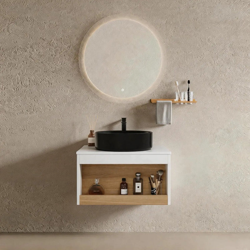 Floating Bathroom Vanity With Glossy Round Vessel Sink