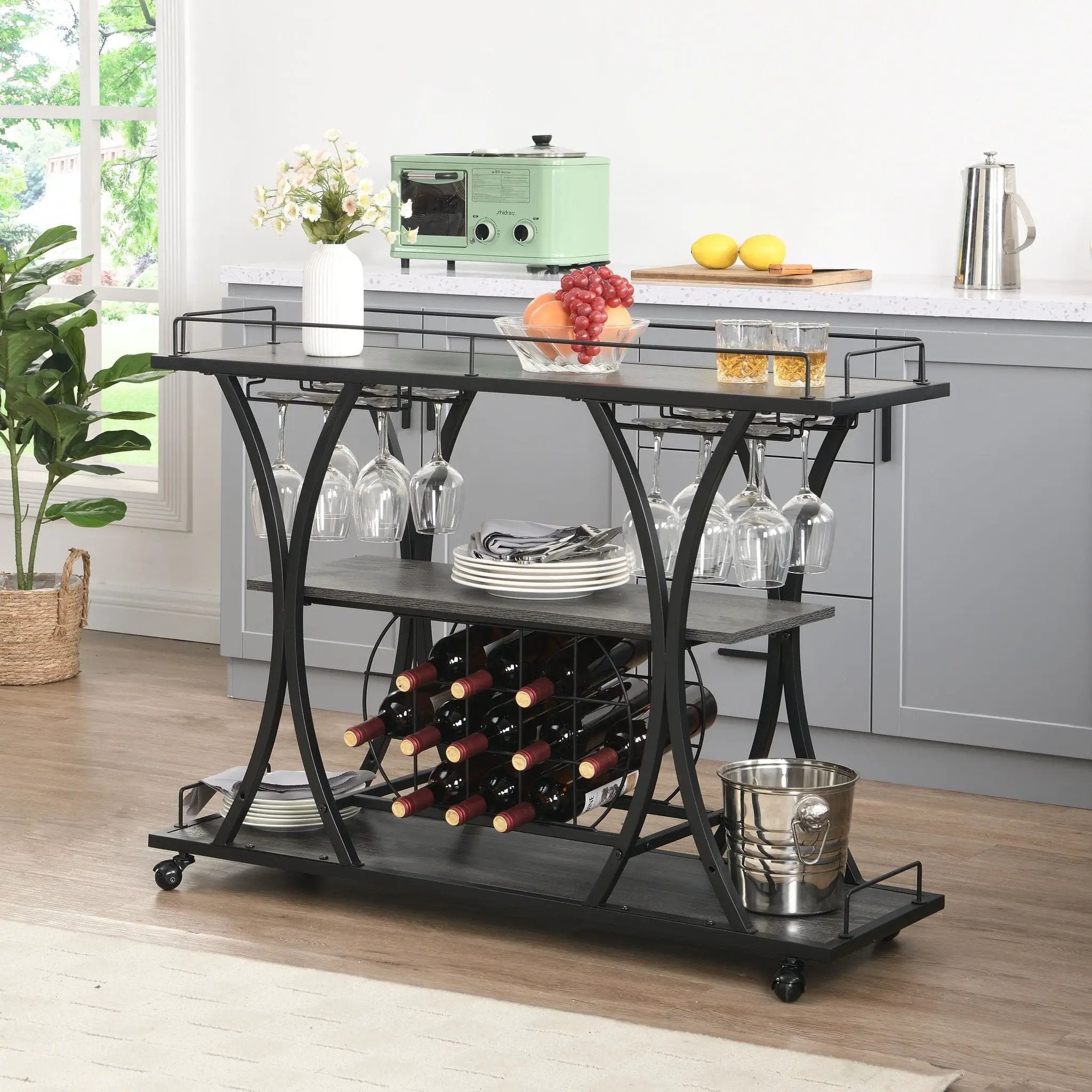 Industrial Bar Cart Kitchen Bar & Serving Cart For Home With Wheels 3 Tier Storage Shelves - Black / Gray by HouseOfZazla