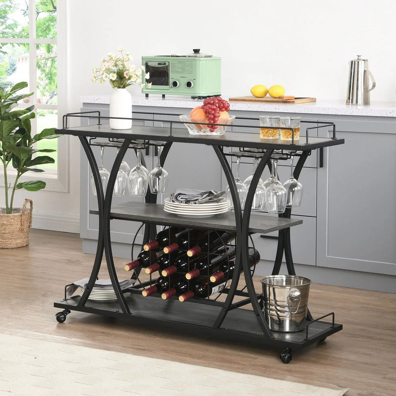 Industrial Bar Cart Kitchen Bar & Serving Cart For Home With Wheels 3 Tier Storage Shelves - Black / Gray by HouseOfZazla