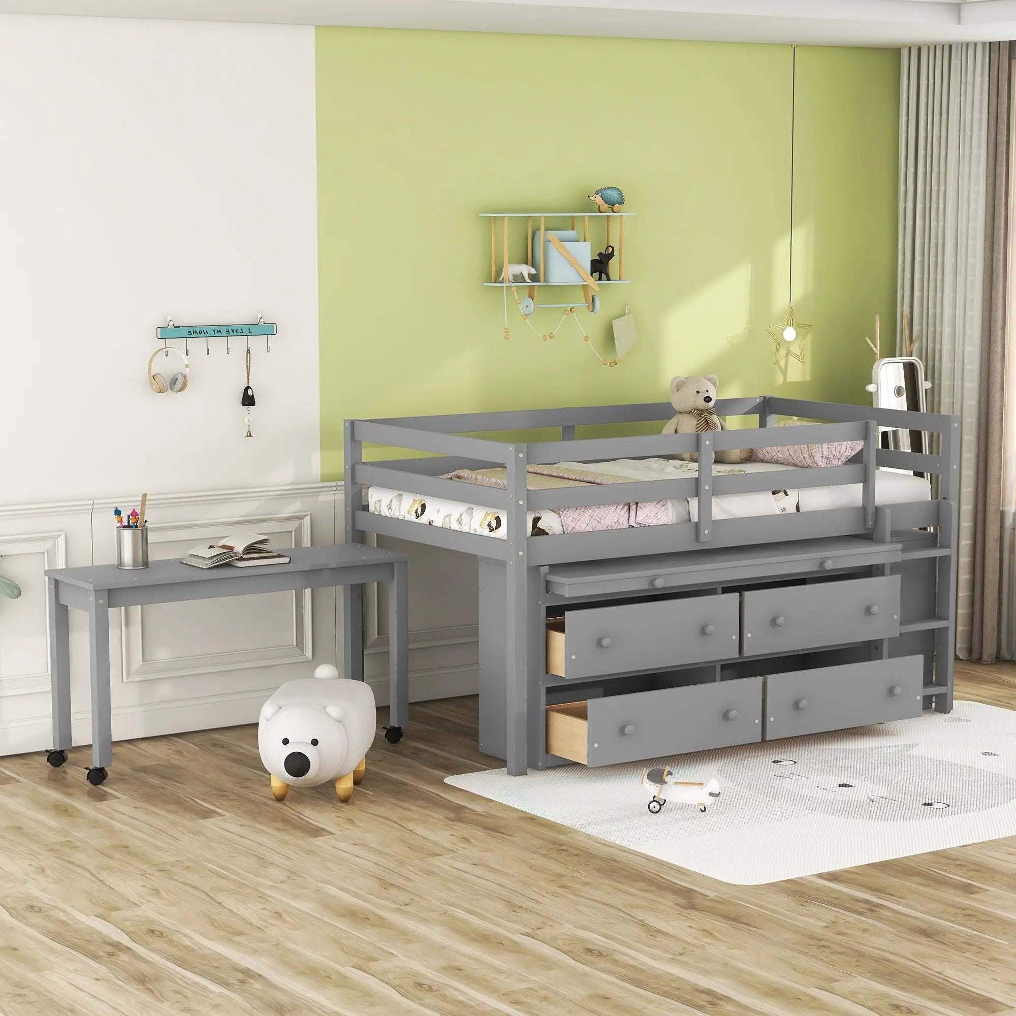 Loft Bed With Retractable Writing Desk And 4 Drawers, With Lateral Portable Desk And Shelves by HouseOfZazla