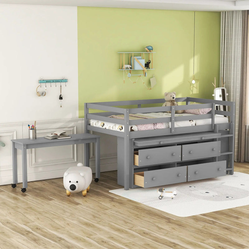 Loft Bed With Retractable Writing Desk And 4 Drawers, With Lateral Portable Desk And Shelves by HouseOfZazla