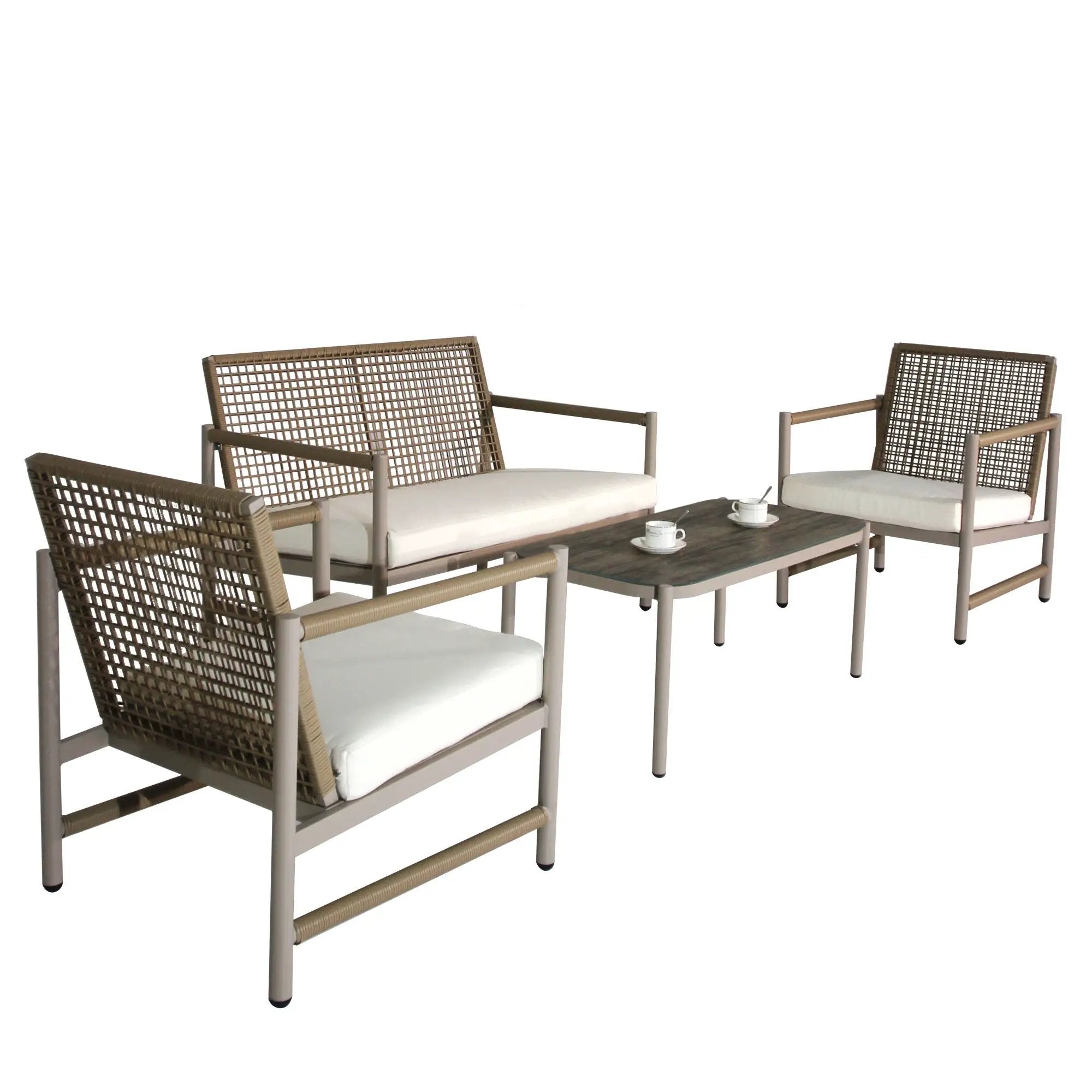4 Pieces Patio Furniture Set, PE Rattan Wicker With Washable Cushion And Tempered Glass Tabletop, Conversation Furniture For Garden Poolside Balcony by HouseOfZazla