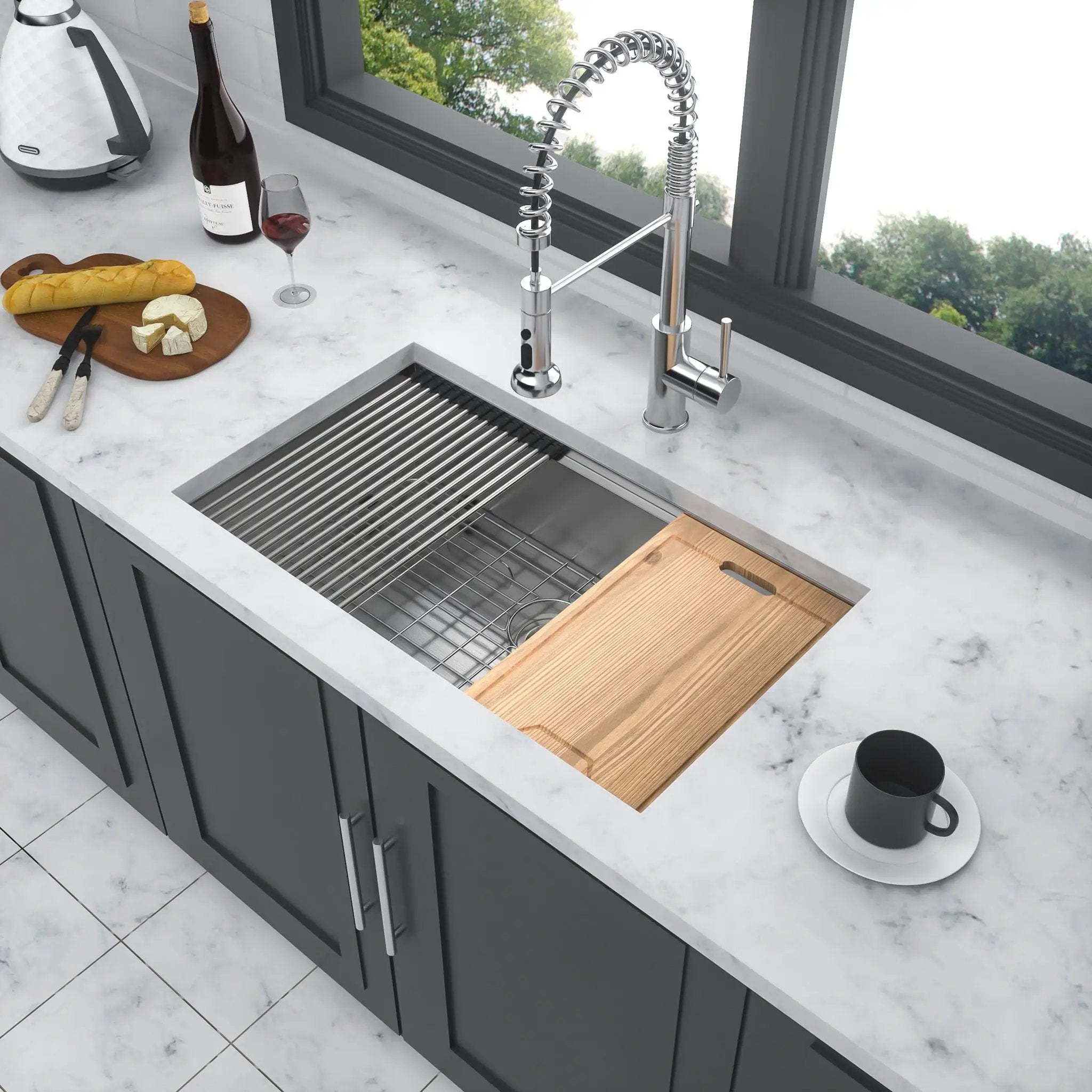 33" Undermount Kitchen Sink Single Bowl Stainless Steel Ledge Workstation In Brushed Nickel, 16 Gauge 304 Stainless Steel, 33 X 19 X 9 Inch by HouseOfZazla